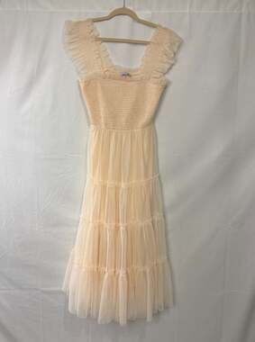 Baltic Born Emma Smocked Tulle Dress Cream Tiered Ruffle Midi Sz Medium